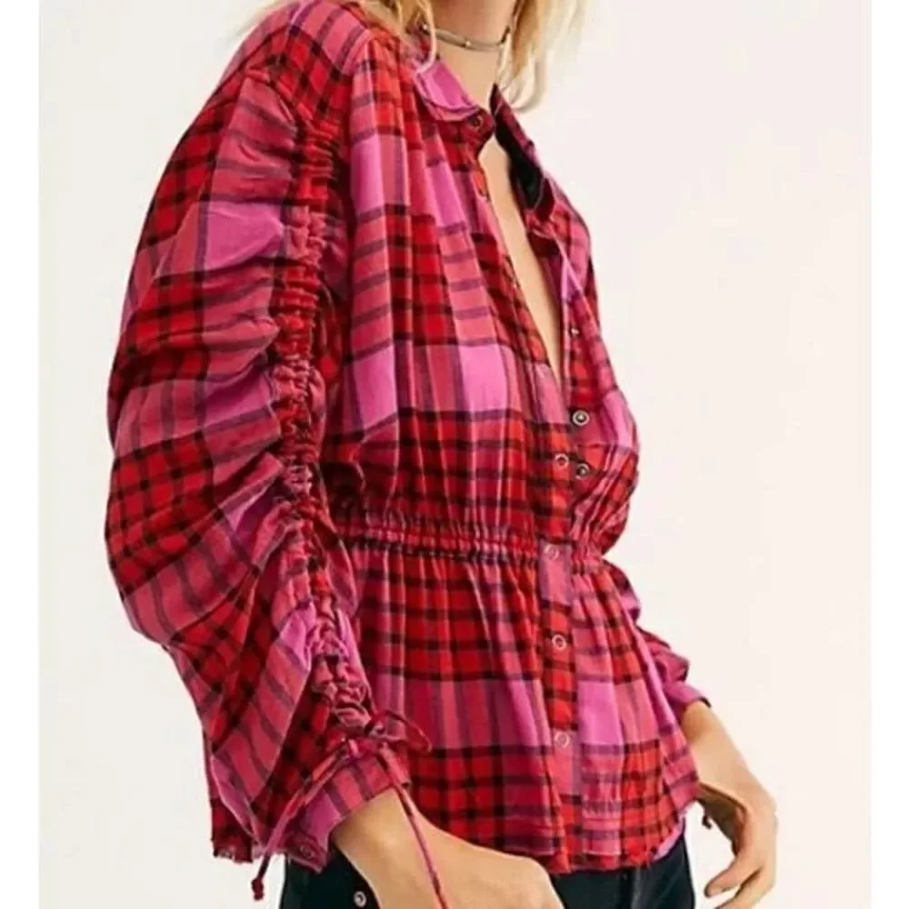 Free People Pacific Dawn Plaid Shirt Hot Pink Red Plaid Snap Button Down Sz. XS